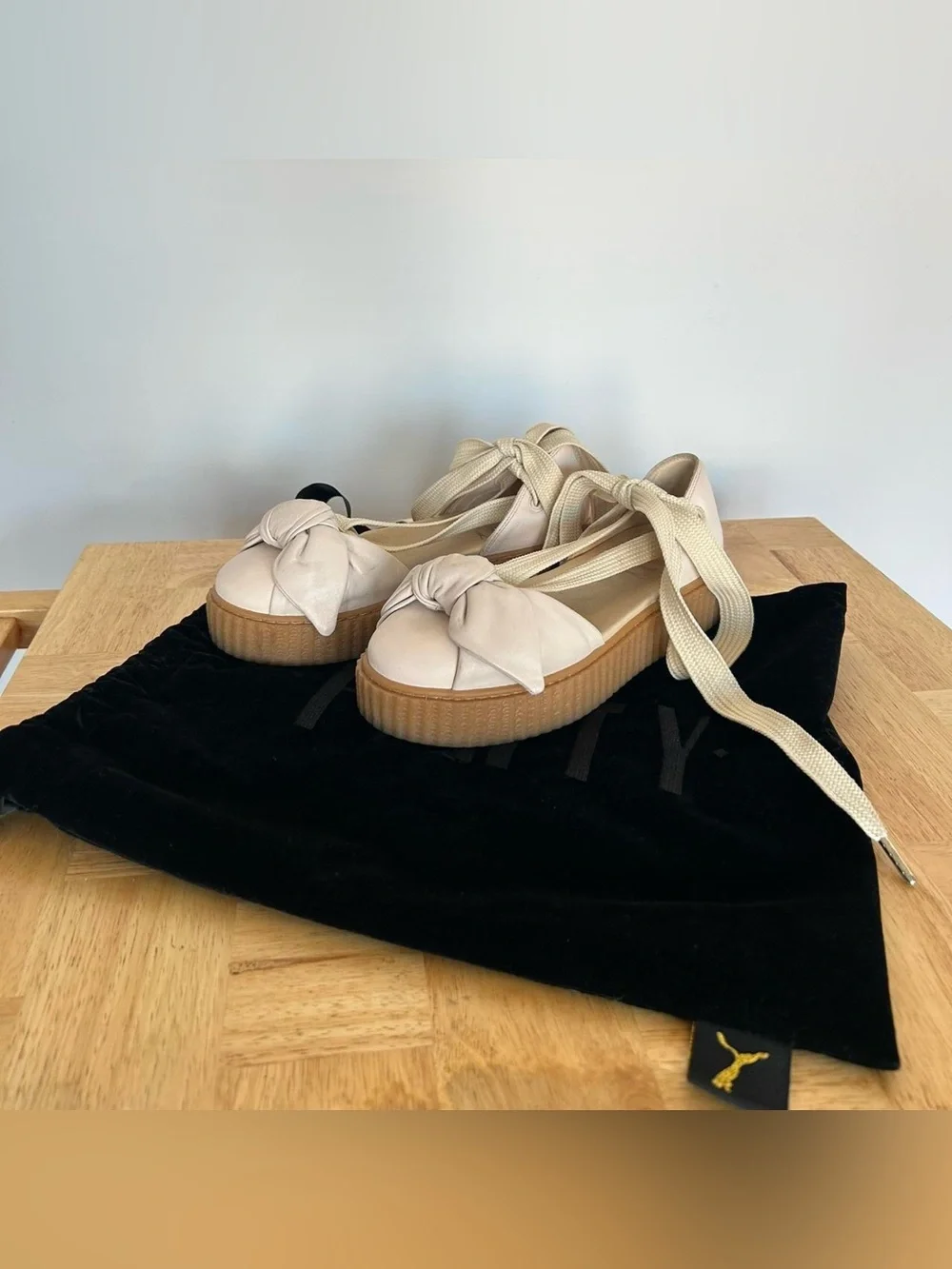 Puma X Fenty Cream Leather Bow Platform Creeper Sandals